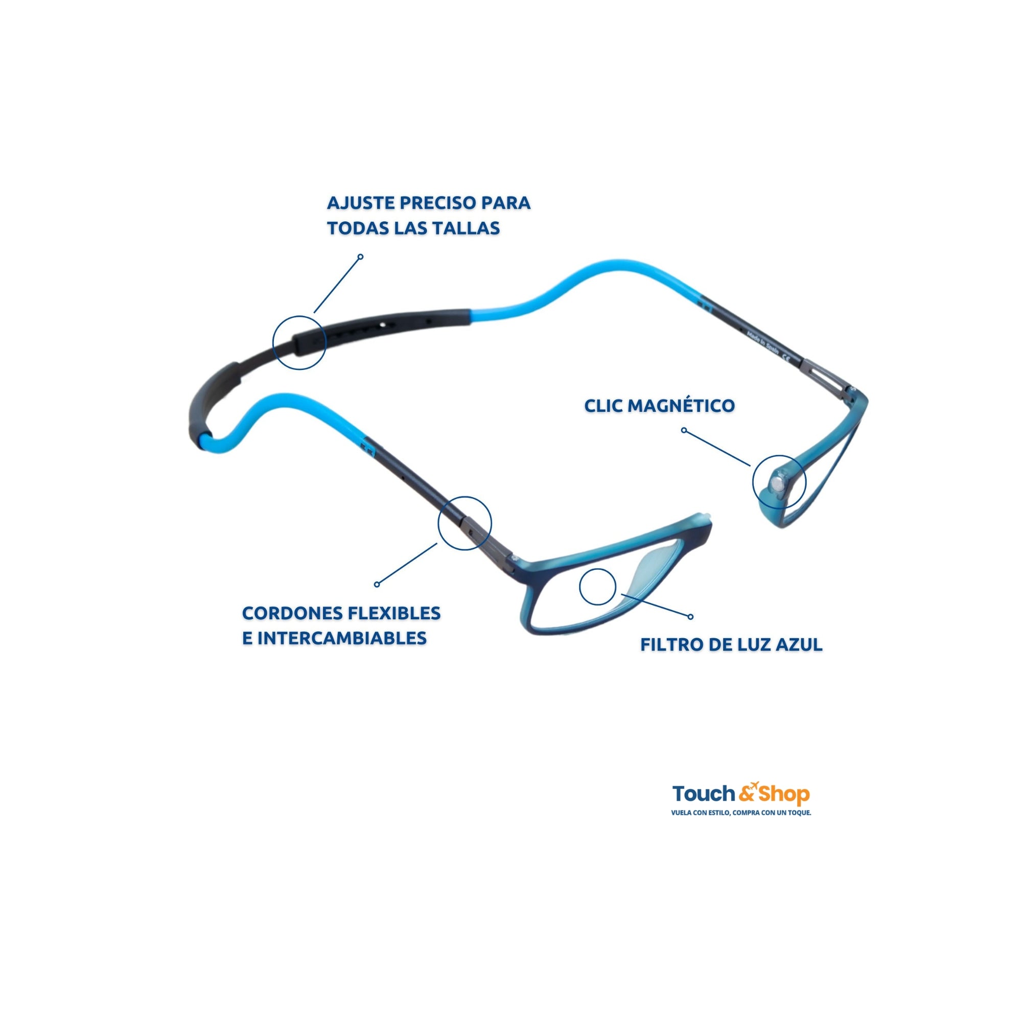 Características gafas magnéticas: clic magnético, filtro luz azul y cordones intercambiables