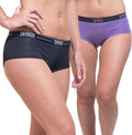 Dos modelos con braguitas deportivas de bambú TANGO Sportswear en negro y morado.

