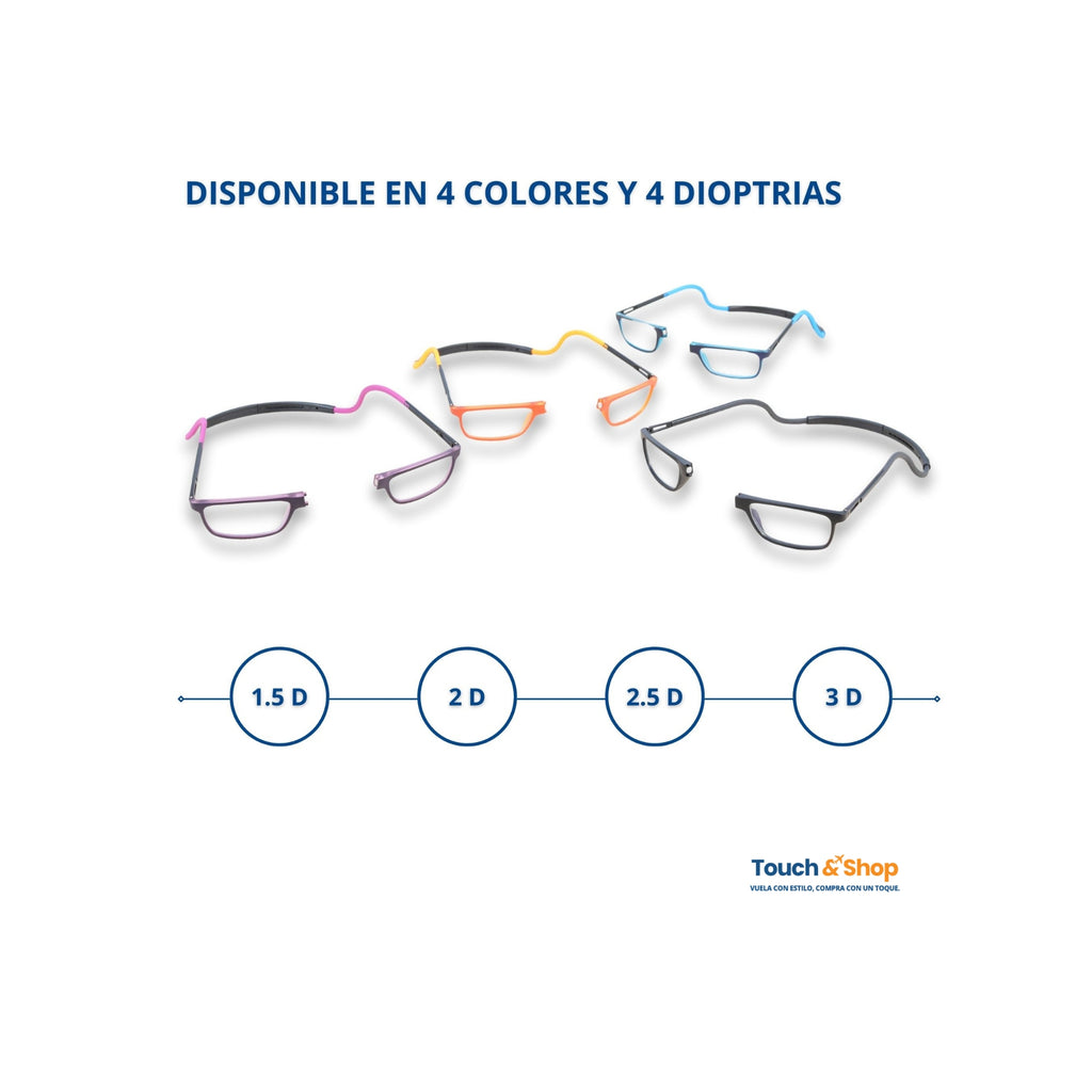 Gafas de lectura disponibles en 4 colores y 4 dioptrías: 1.5, 2, 2.5 y 3