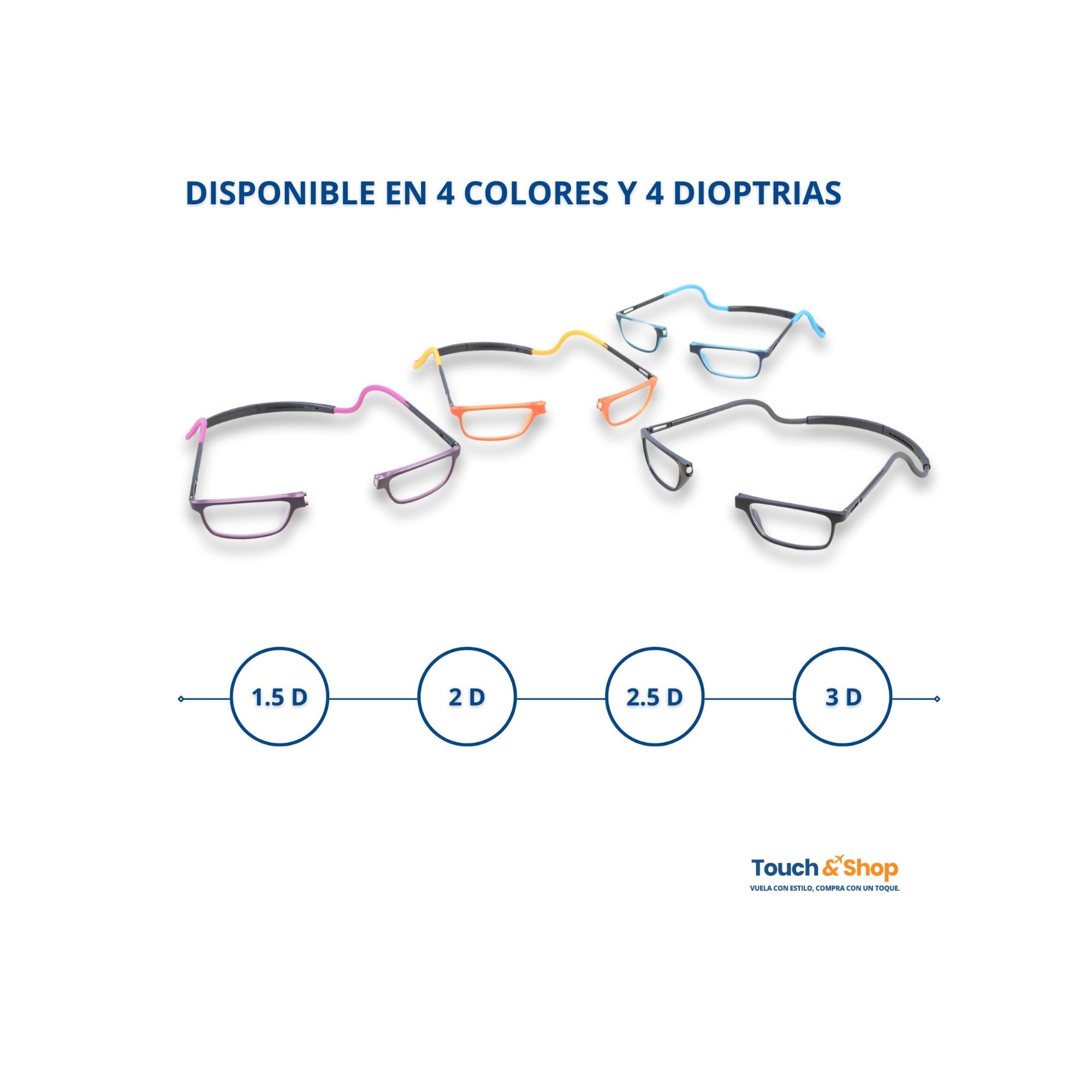 Gafas de lectura disponibles en 4 colores y 4 dioptrías: 1.5, 2, 2.5 y 3